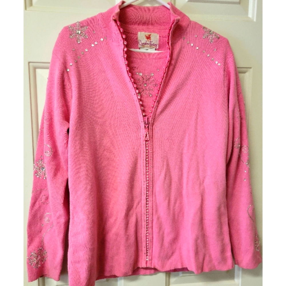 Quacker Factory 2 Pc Sweater Set Pink Snowflakes Bead Sequin Embroidered Small S